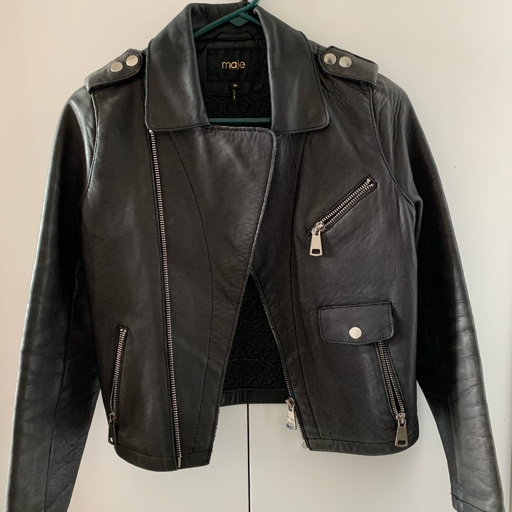 Maje Black Lamb Leather Biker Jacket Small Sz 36 - Picture 3 of 10